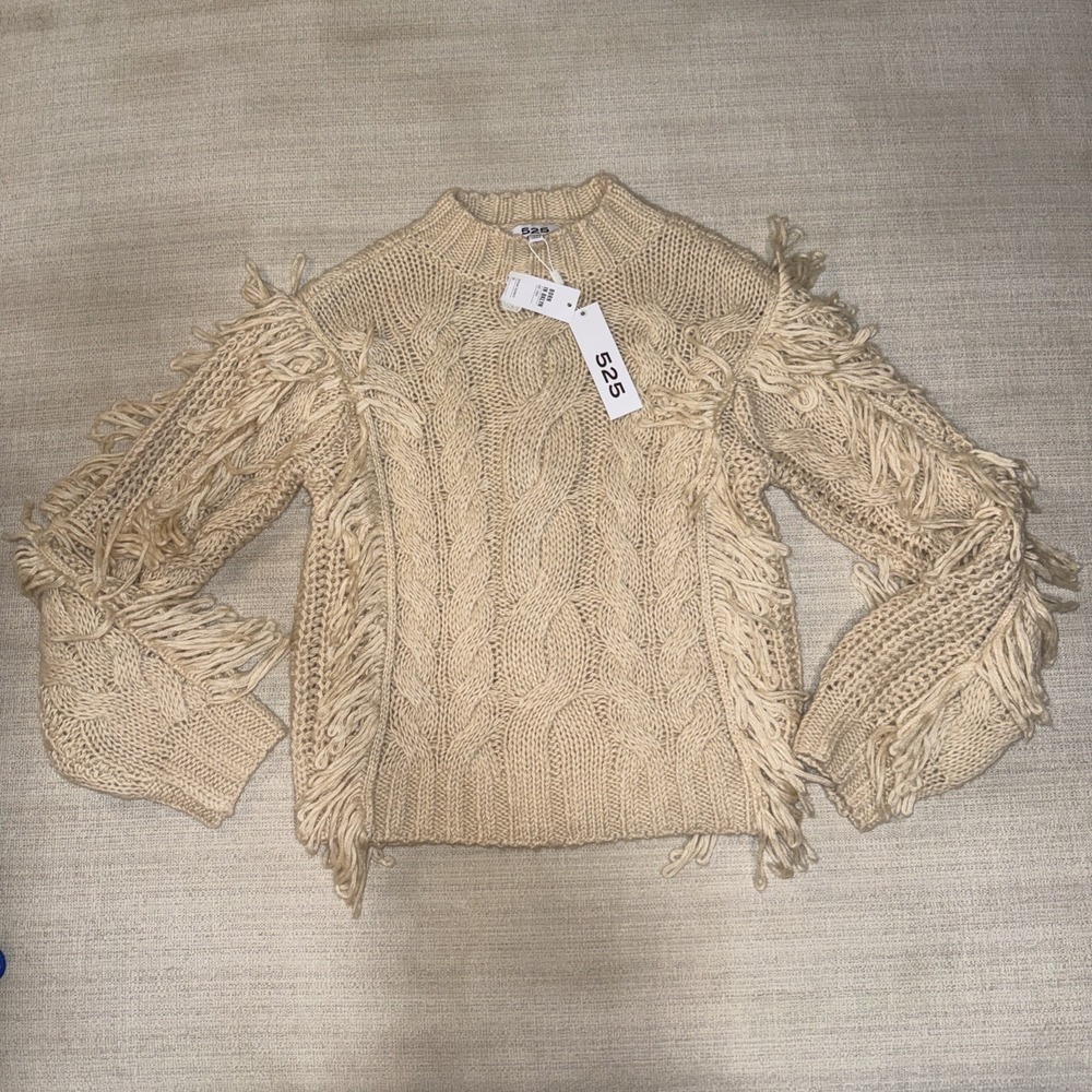 525 AMERICA Women Cream Cable Knit Fringe Boho Sweater XS